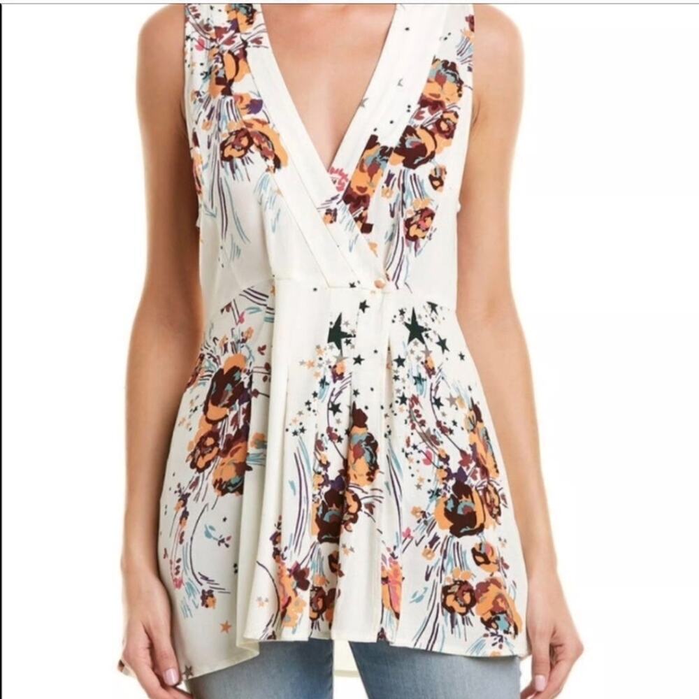 Free People Womens Ivory Floral Sleeveless Wrap Tunic Blouse Top Size XS